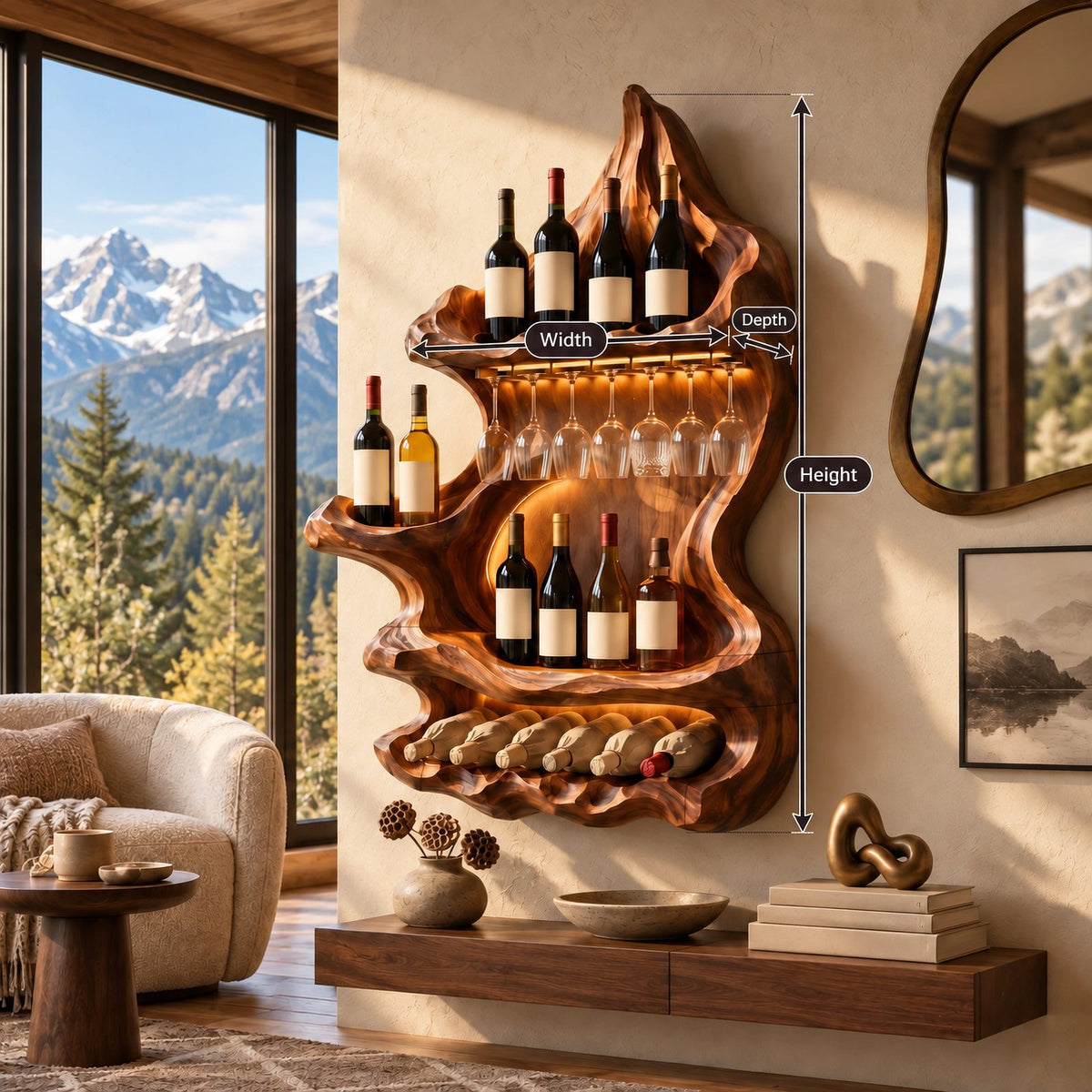 Organic Mountain Inspired Wood Wine Rack For Dining Room