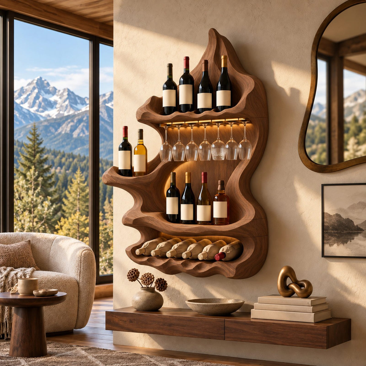 Organic Mountain Inspired Wood Wine Rack For Dining Room