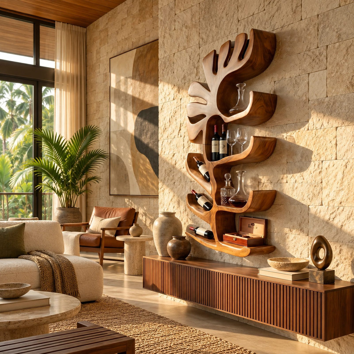Sculptural Organic Wall Wine Rack With Bottle Niches For Living Room