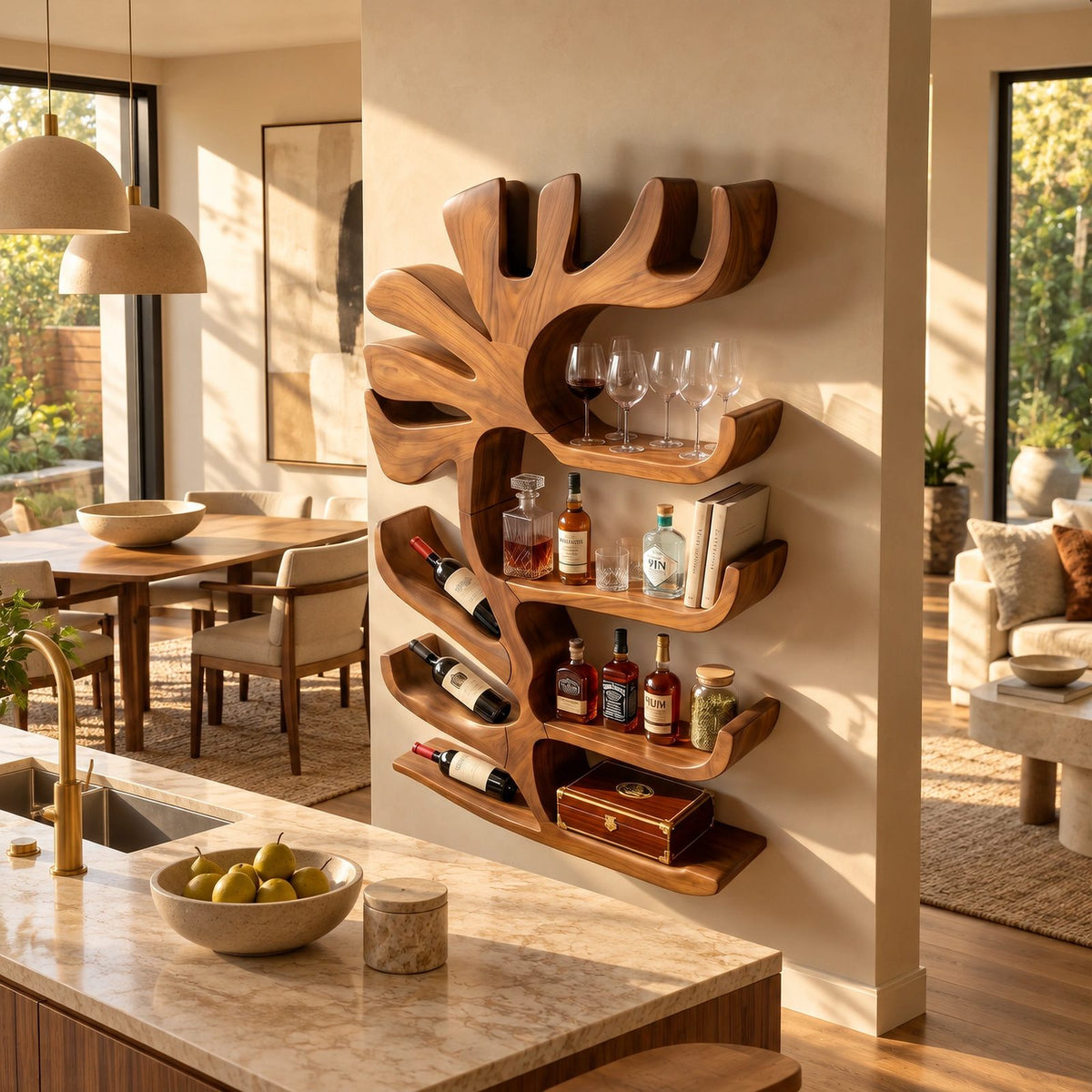 Sculptural Organic Wall Wine Rack With Bottle Niches For Living Room