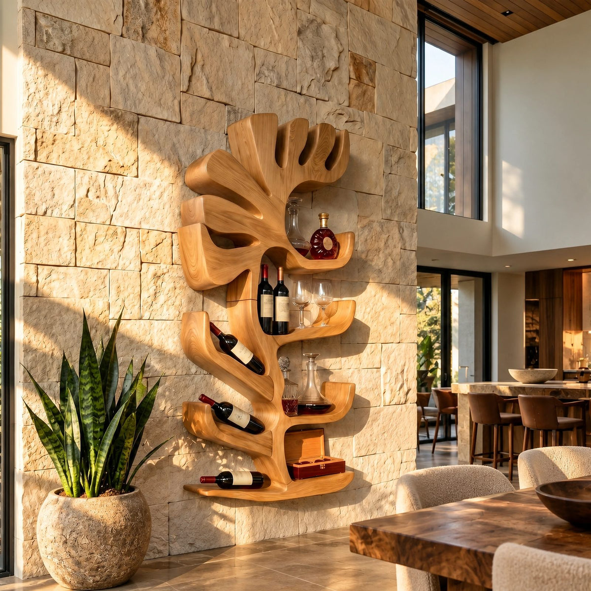 Sculptural Organic Wall Wine Rack With Bottle Niches For Living Room
