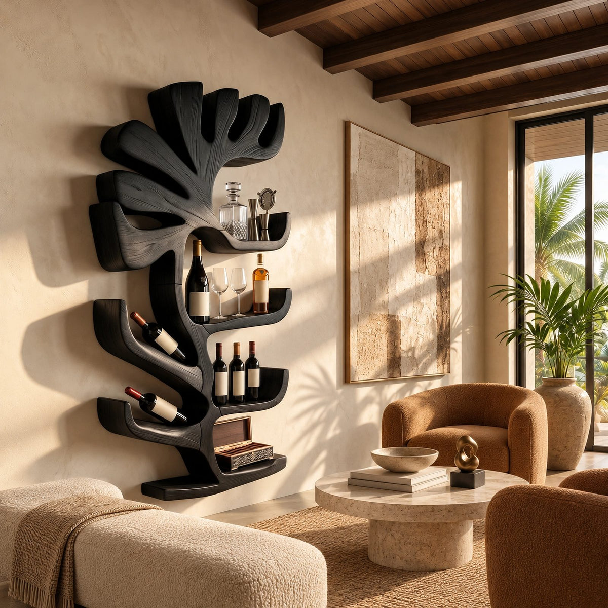 Sculptural Organic Wall Wine Rack With Bottle Niches For Living Room
