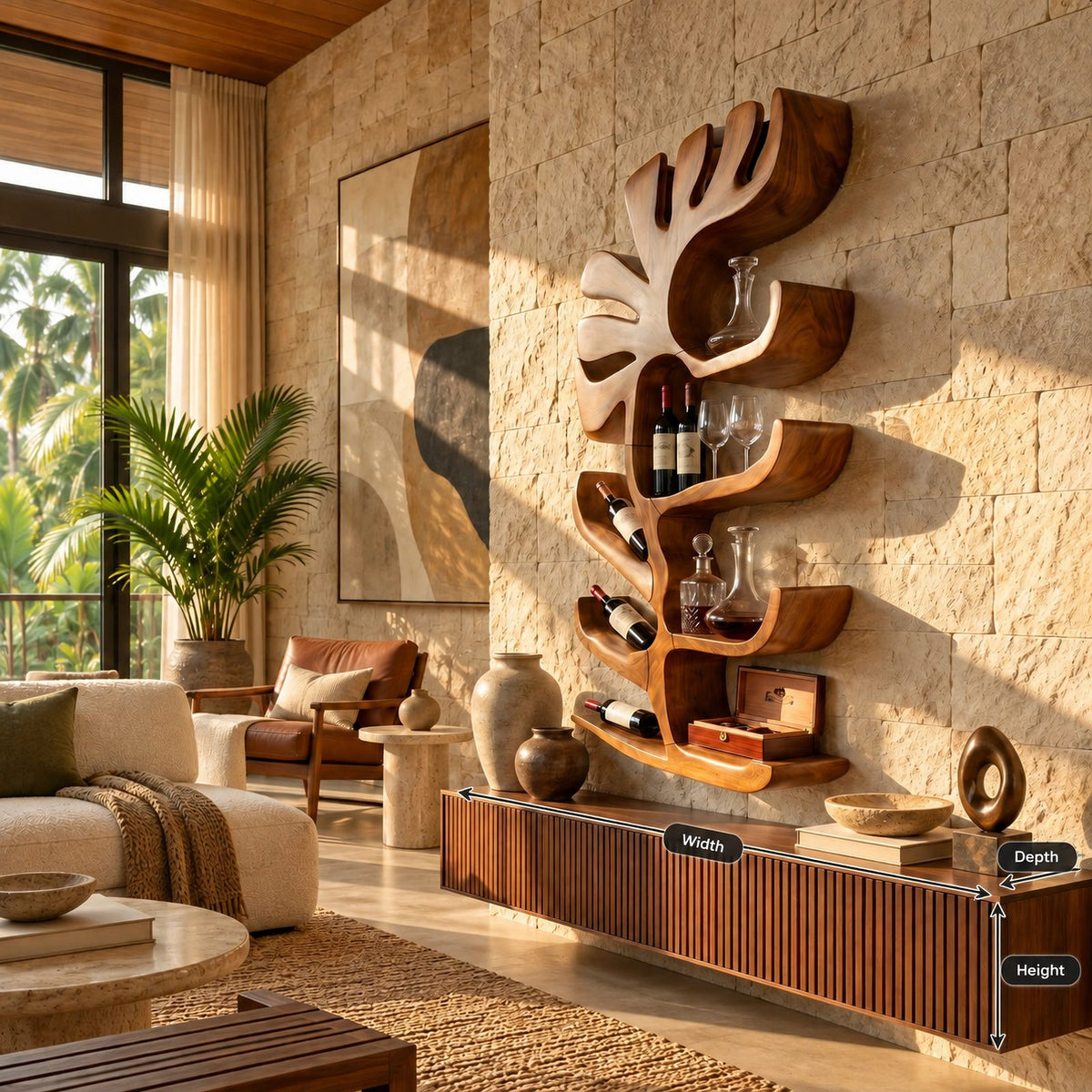 Sculptural Organic Wall Wine Rack With Bottle Niches For Living Room