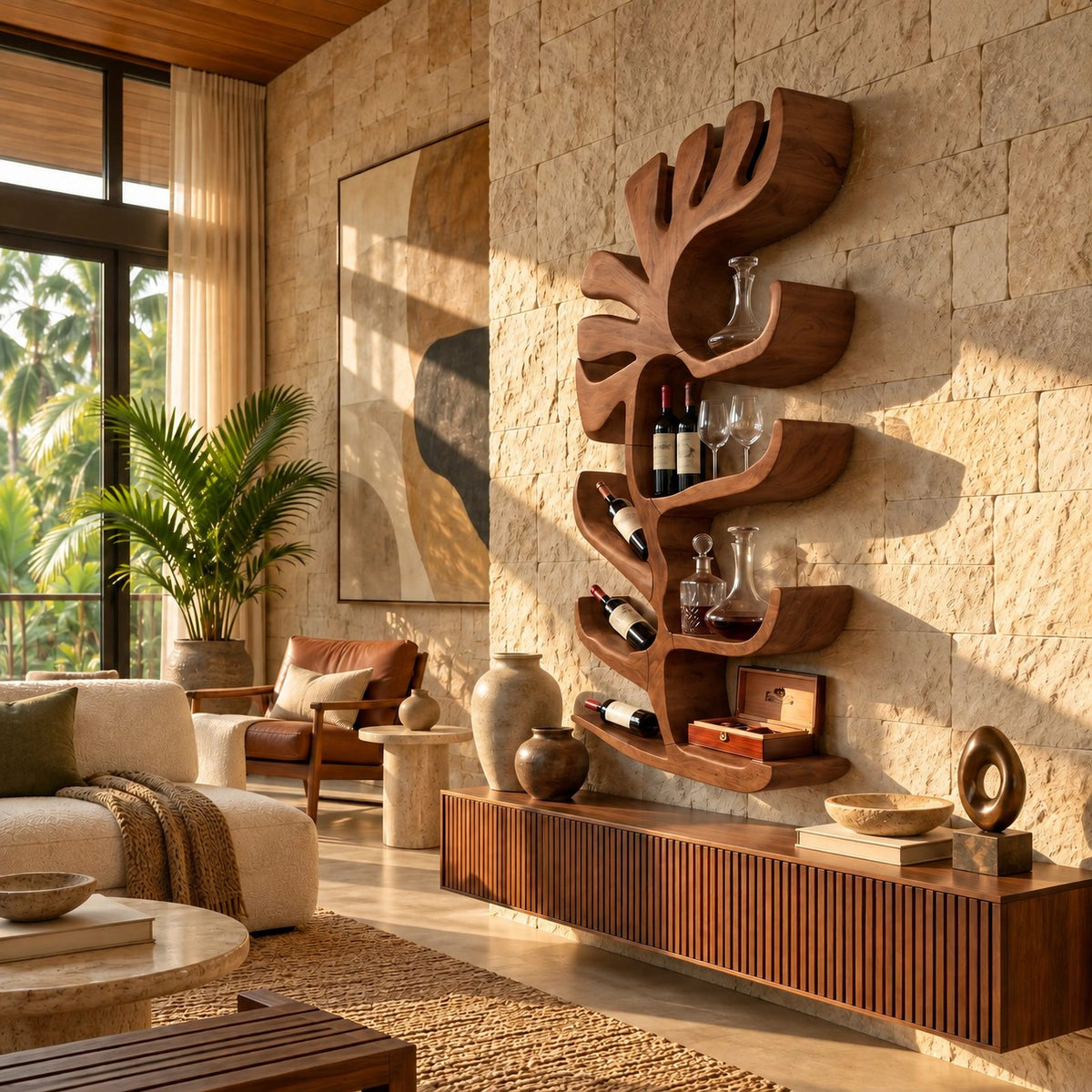 Sculptural Organic Wall Wine Rack With Bottle Niches For Living Room