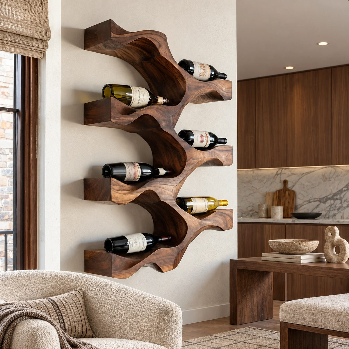 Modern Wavy Wood Wine Rack With Stepped Open Shelves For Kitchen