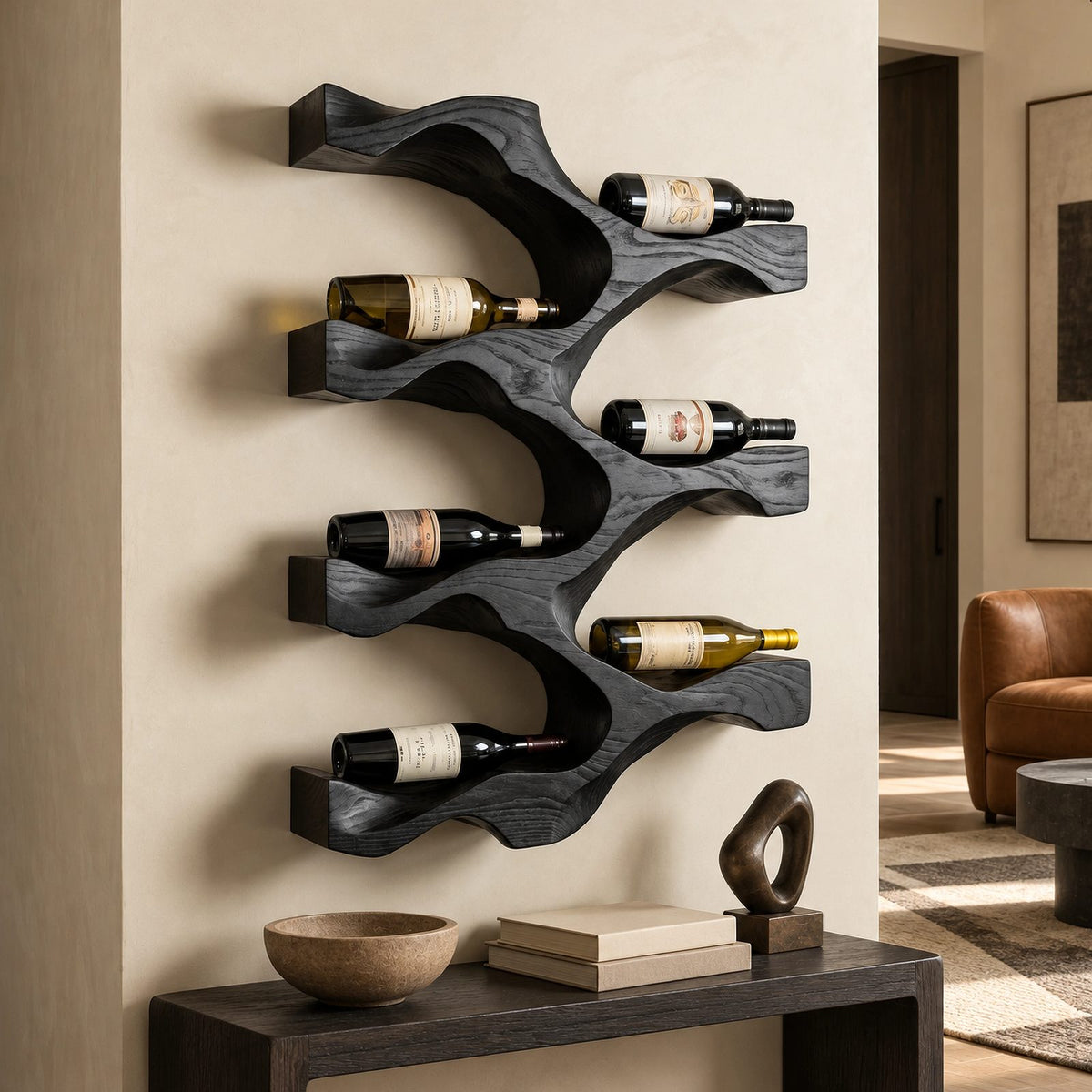 Modern Wavy Wood Wine Rack With Stepped Open Shelves For Kitchen