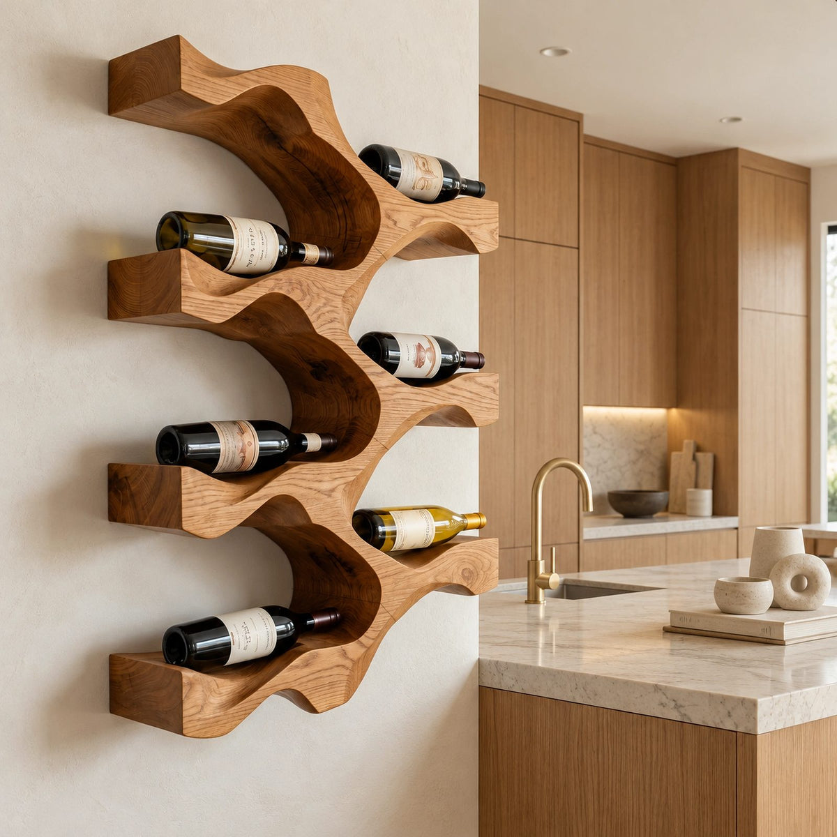 Modern Wavy Wood Wine Rack With Stepped Open Shelves For Kitchen
