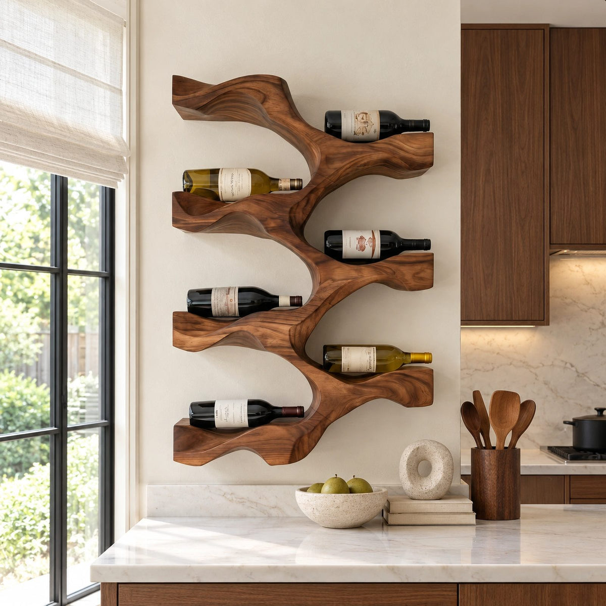 Modern Wavy Wood Wine Rack With Stepped Open Shelves For Kitchen