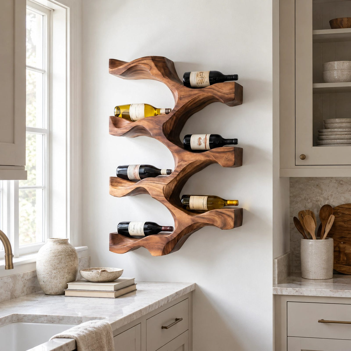 Modern Wavy Wood Wine Rack With Stepped Open Shelves For Kitchen
