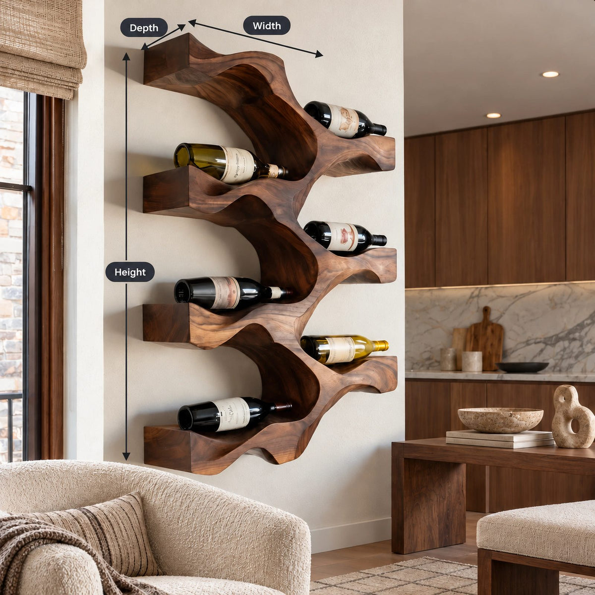 Modern Wavy Wood Wine Rack With Stepped Open Shelves For Kitchen