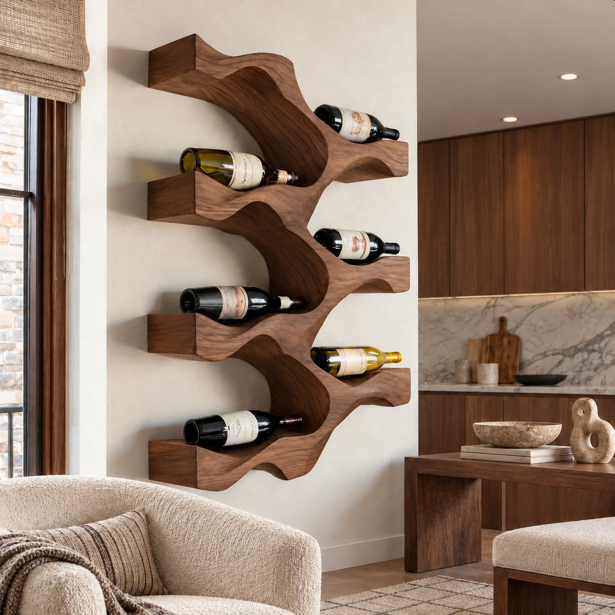 Modern Wavy Wood Wine Rack With Stepped Open Shelves For Kitchen