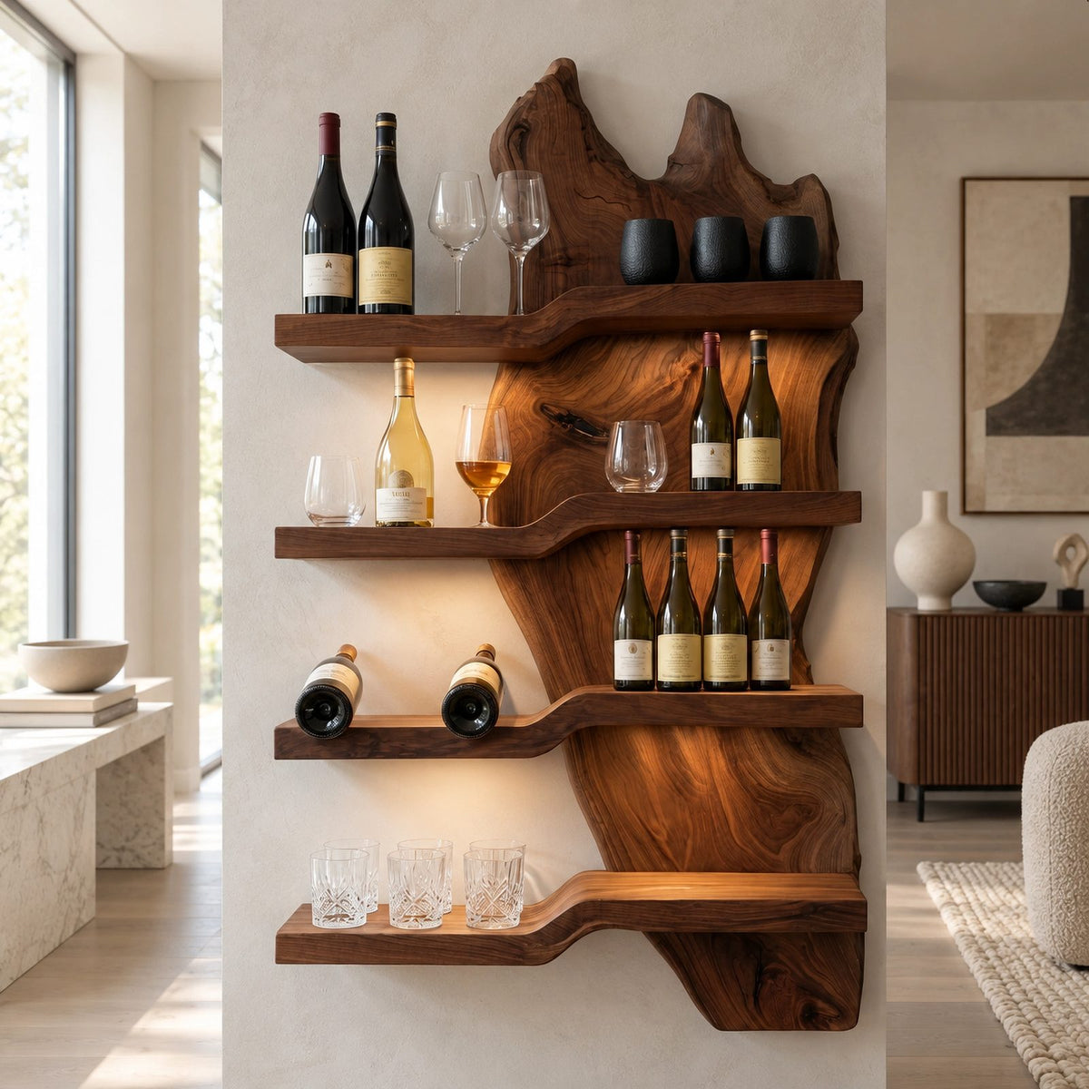Minimalist Live Edge Wood Wine Rack With Stepped Shelves For Kitchen