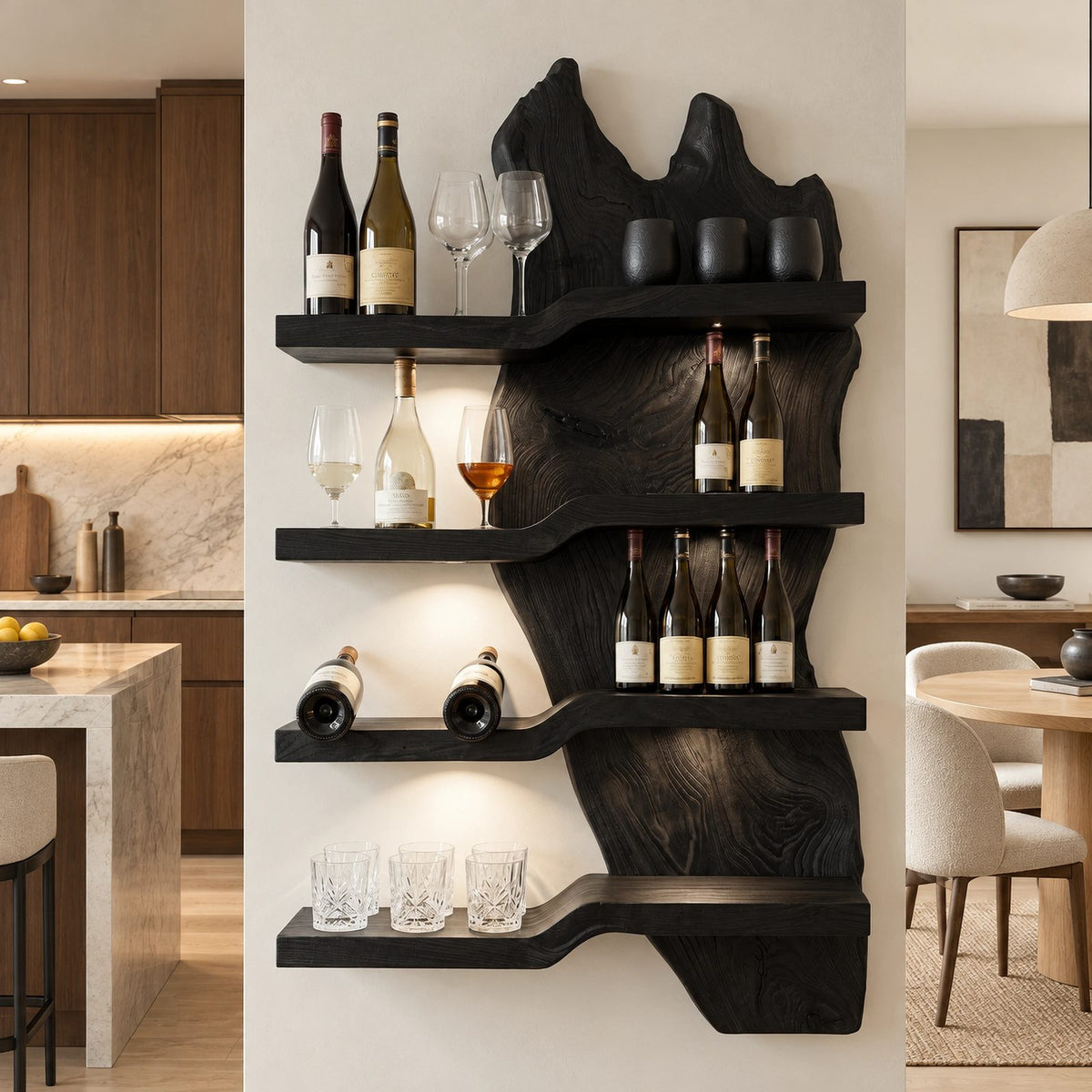 Minimalist Live Edge Wood Wine Rack With Stepped Shelves For Kitchen