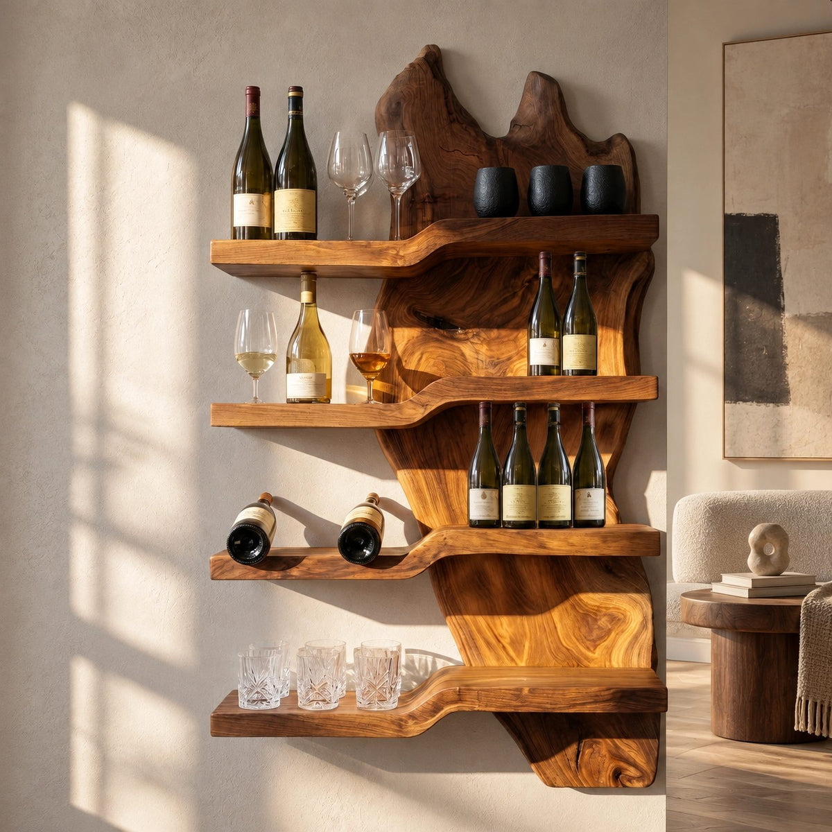 Minimalist Live Edge Wood Wine Rack With Stepped Shelves For Kitchen