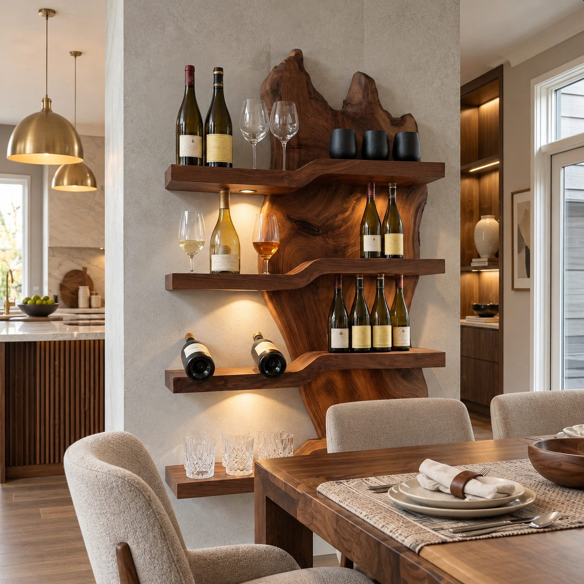 Minimalist Live Edge Wood Wine Rack With Stepped Shelves For Kitchen