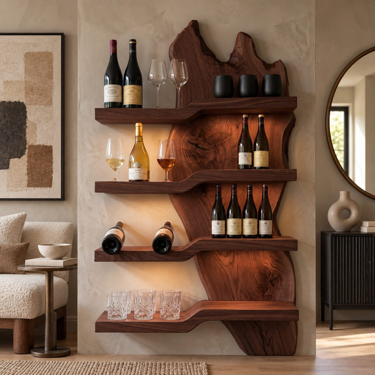 Minimalist Live Edge Wood Wine Rack With Stepped Shelves For Kitchen