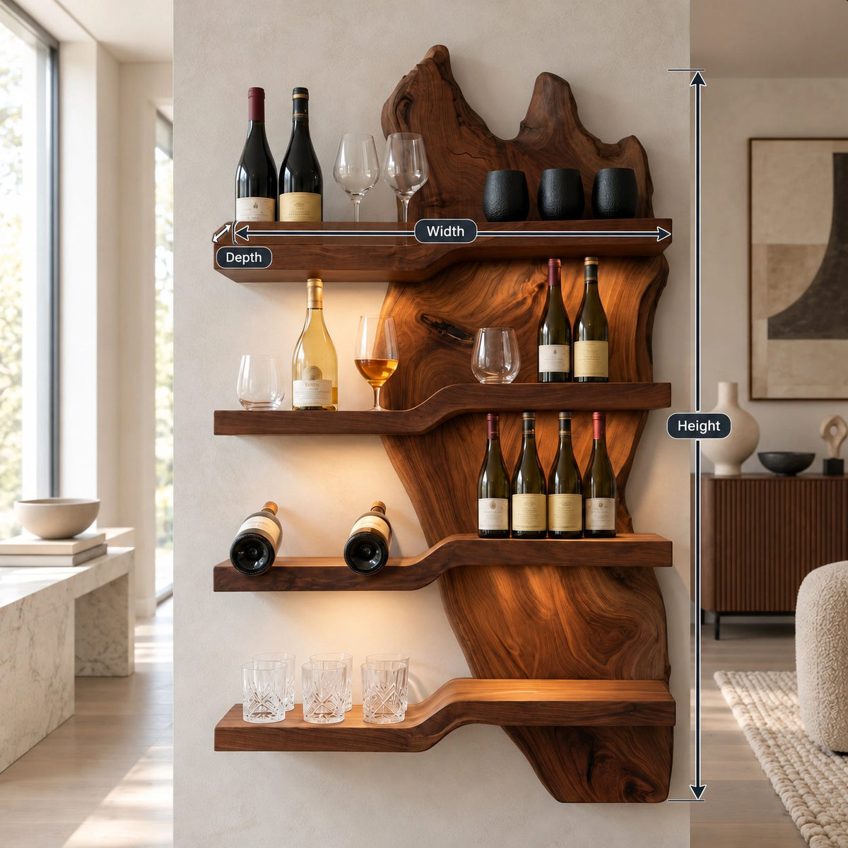 Minimalist Live Edge Wood Wine Rack With Stepped Shelves For Kitchen