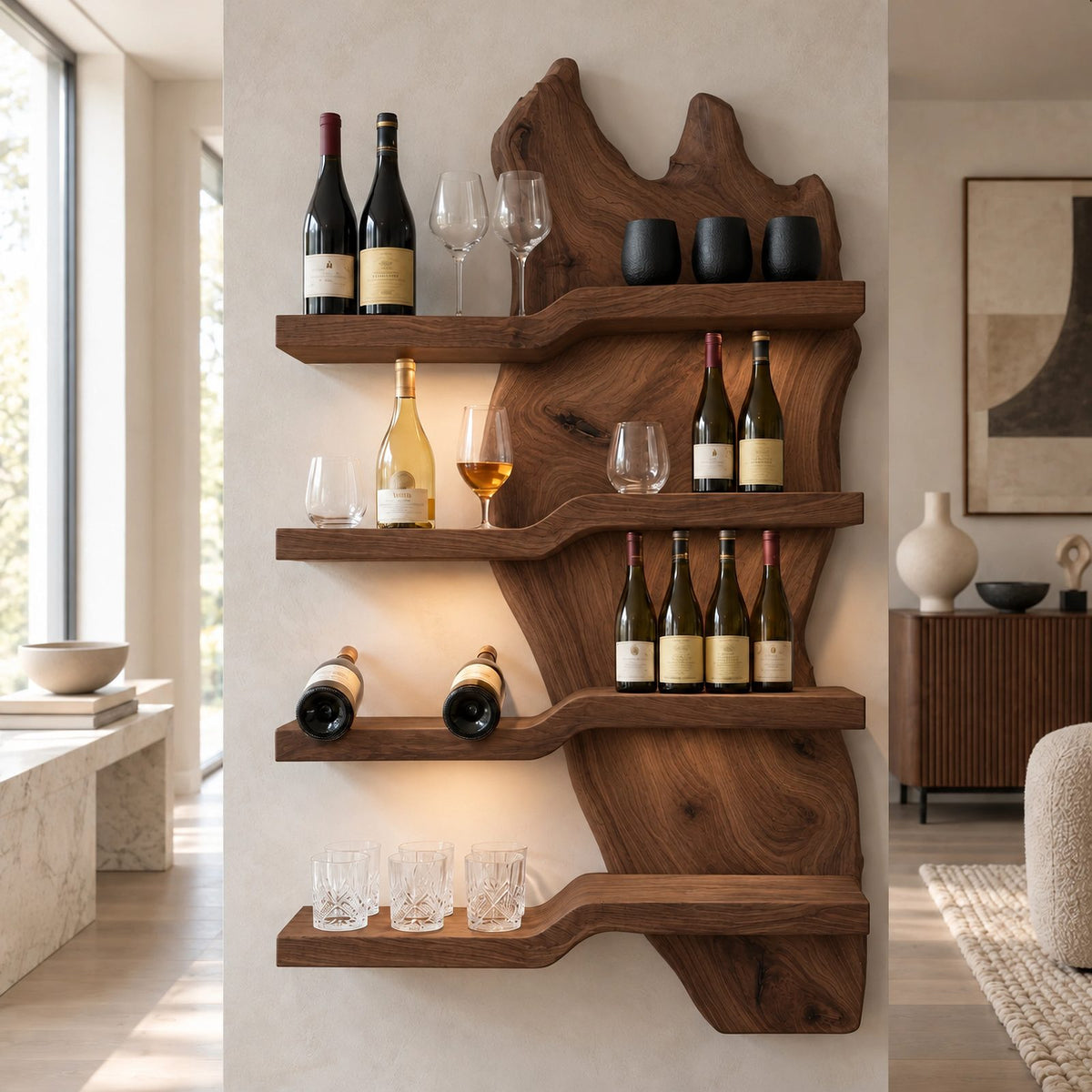 Minimalist Live Edge Wood Wine Rack With Stepped Shelves For Kitchen