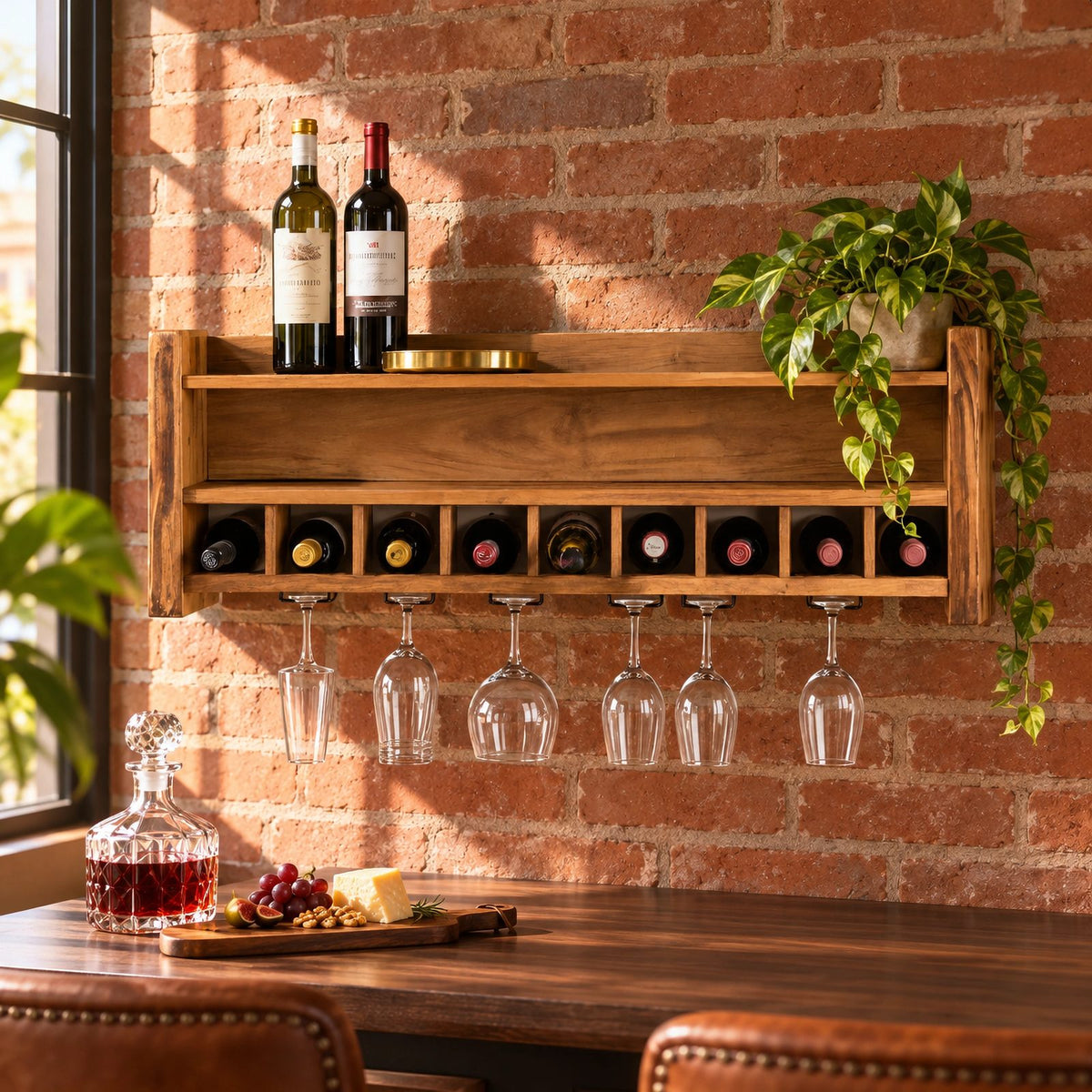Farmhouse Wood Wall Wine Rack With Stemware Rail For Kitchen