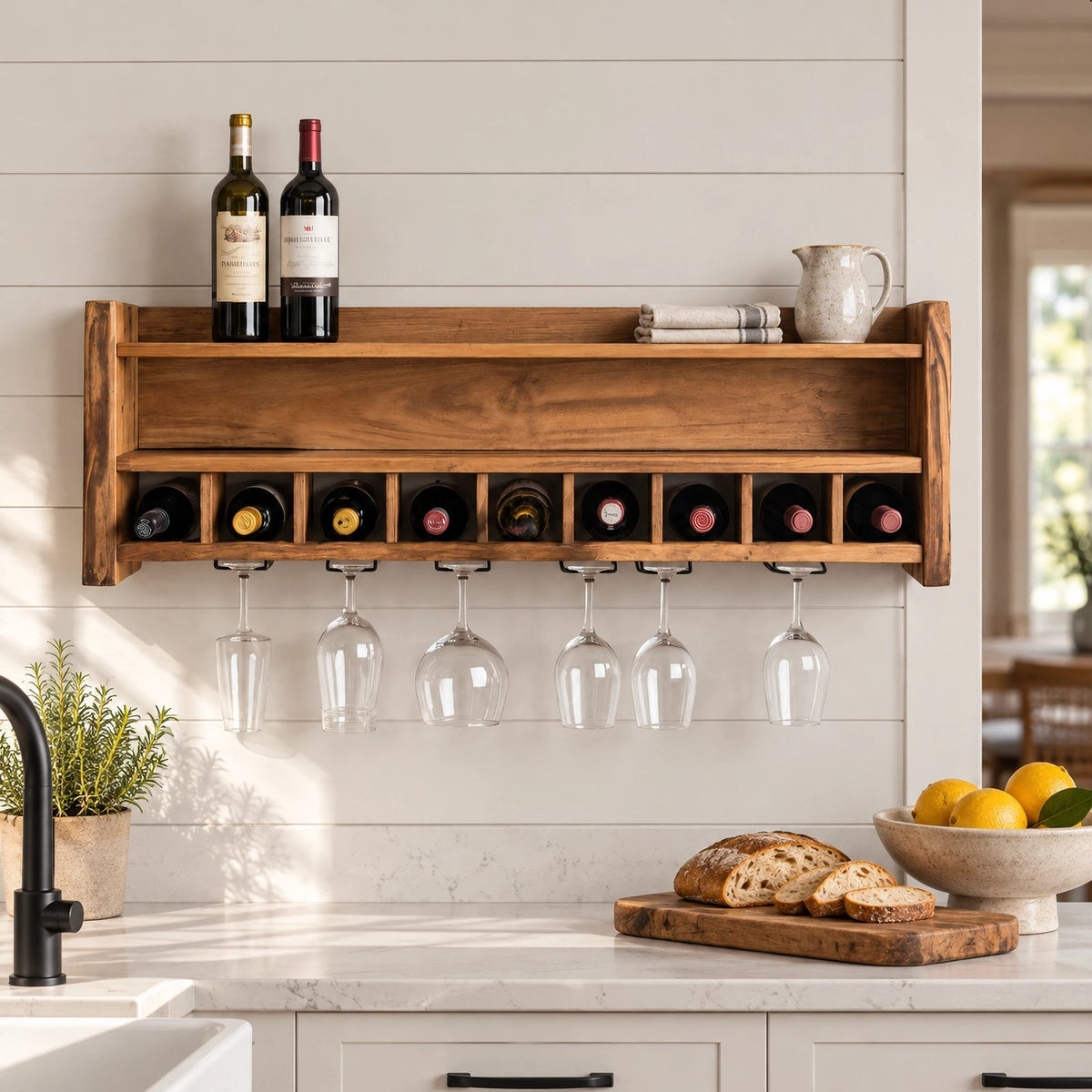 Farmhouse Wood Wall Wine Rack With Stemware Rail For Kitchen