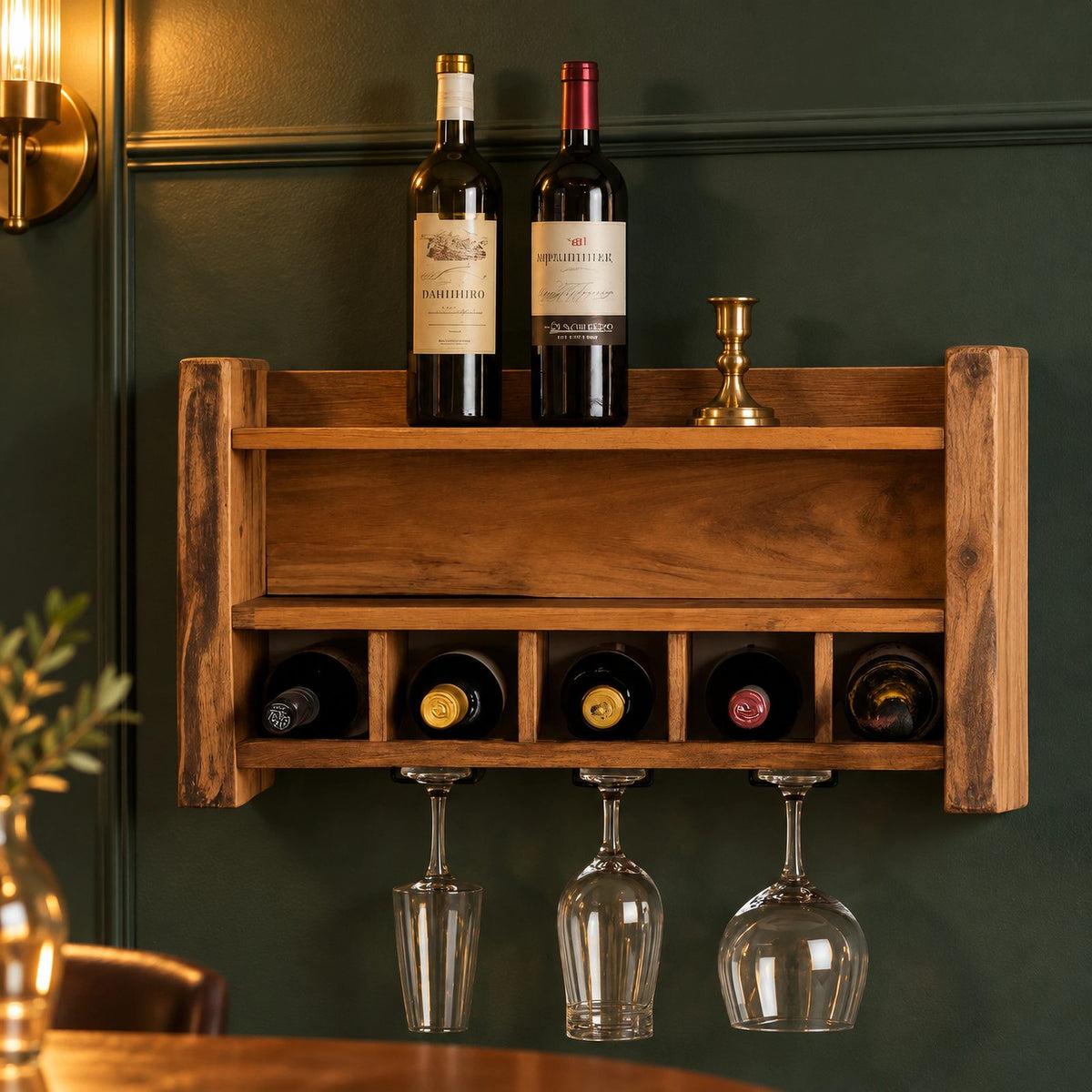 Farmhouse Wood Wall Wine Rack With Stemware Rail For Kitchen