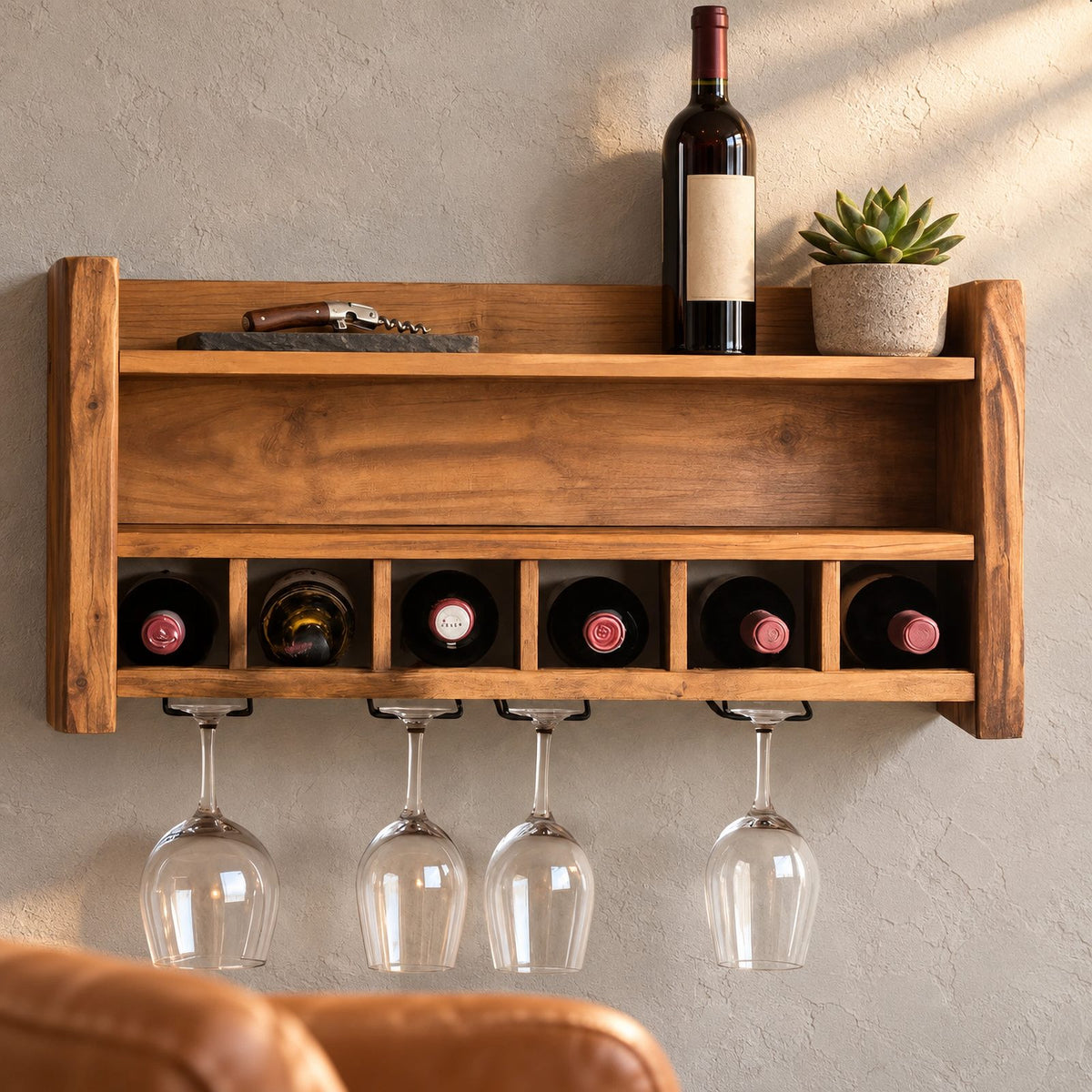Farmhouse Wood Wall Wine Rack With Stemware Rail For Kitchen