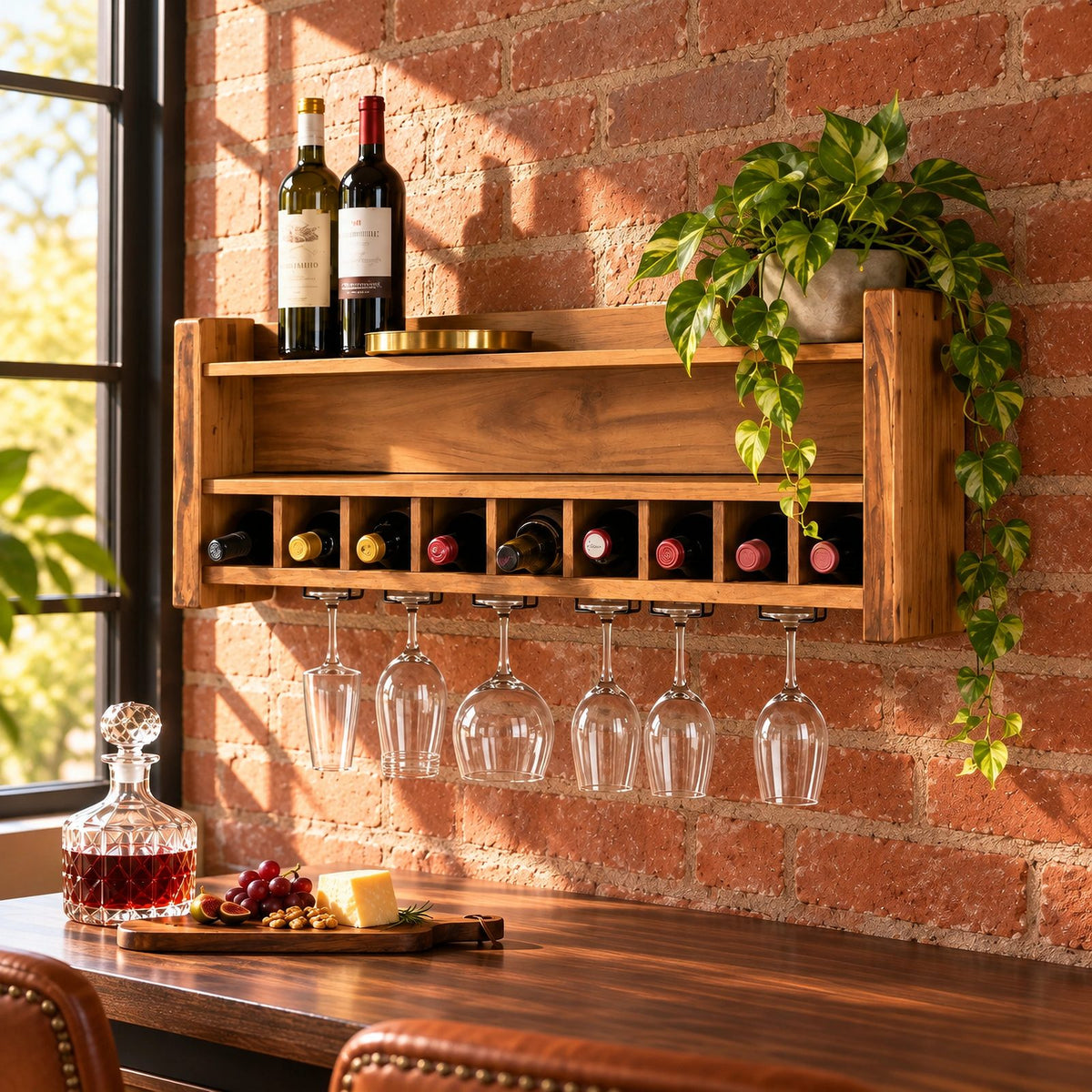 Farmhouse Wood Wall Wine Rack With Stemware Rail For Kitchen
