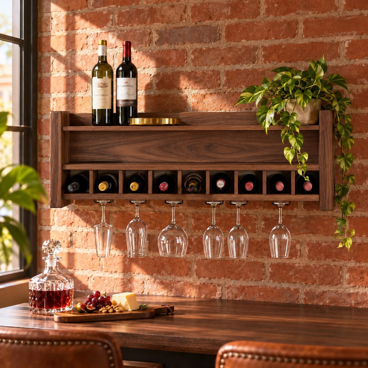 Farmhouse Wood Wall Wine Rack With Stemware Rail For Kitchen