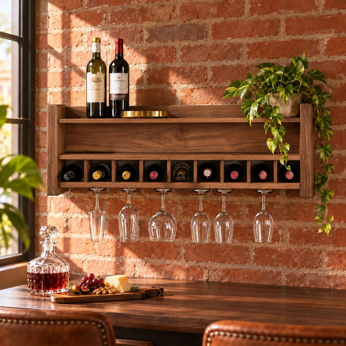 Farmhouse Wood Wall Wine Rack With Stemware Rail For Kitchen