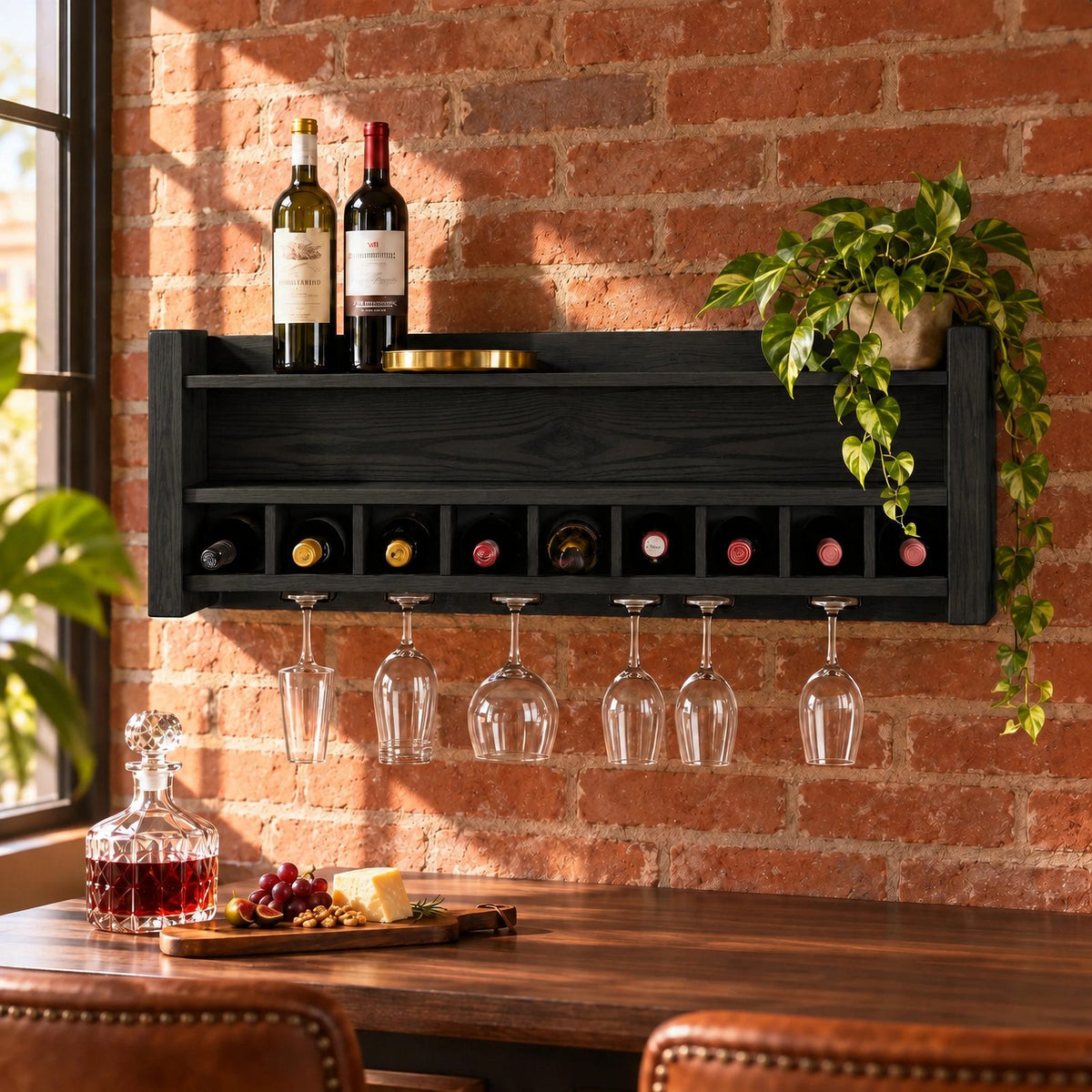 Farmhouse Wood Wall Wine Rack With Stemware Rail For Kitchen