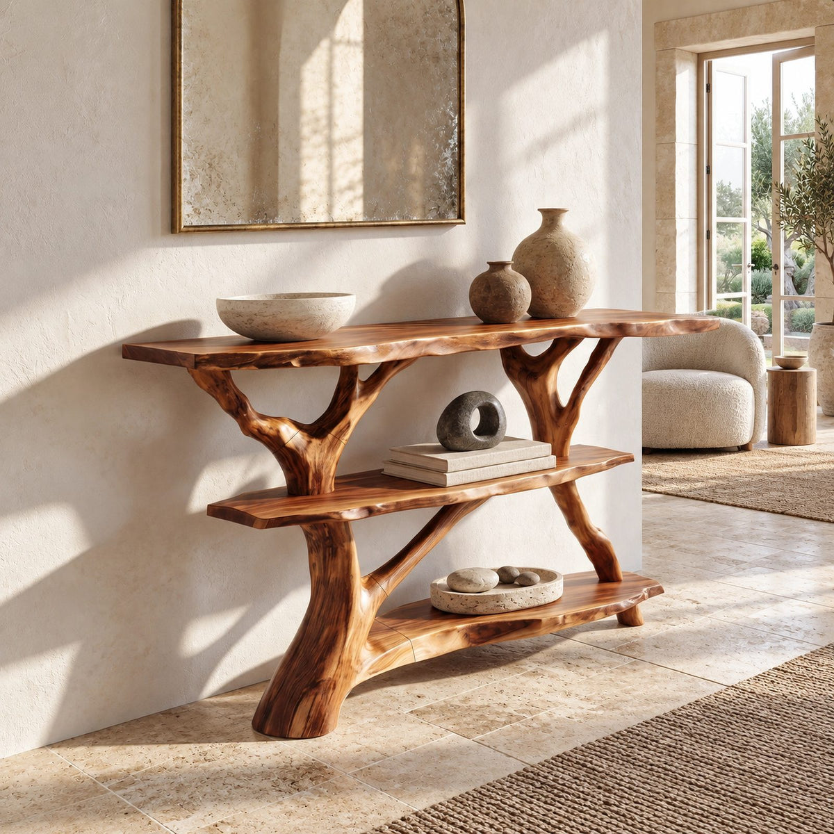 Farmhouse Tree Branch Console Table With Open Shelf For Entryway