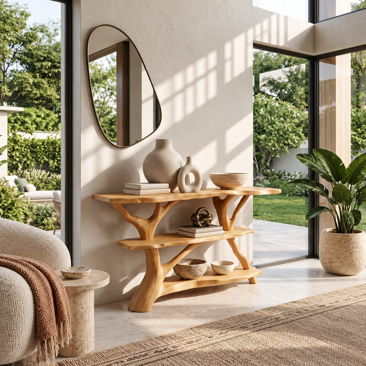 Farmhouse Tree Branch Console Table With Open Shelf For Entryway
