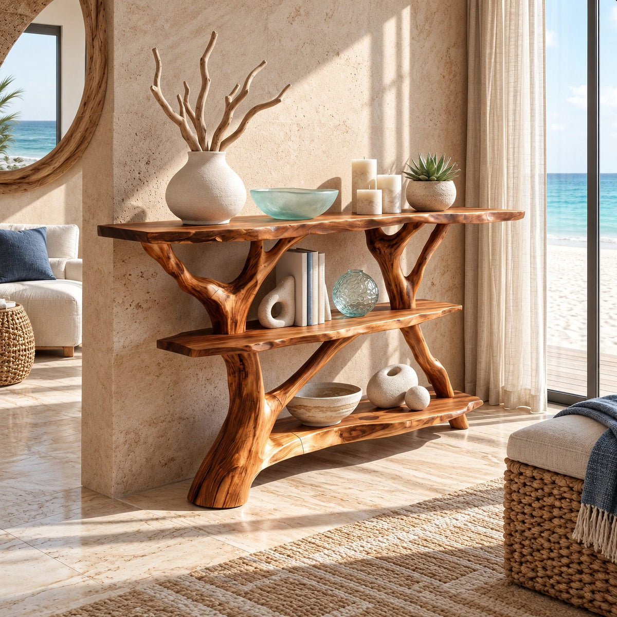 Farmhouse Tree Branch Console Table With Open Shelf For Entryway