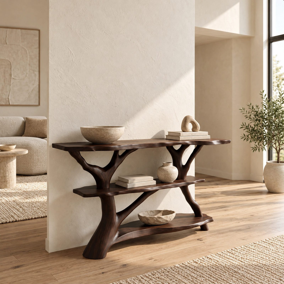 Farmhouse Tree Branch Console Table With Open Shelf For Entryway