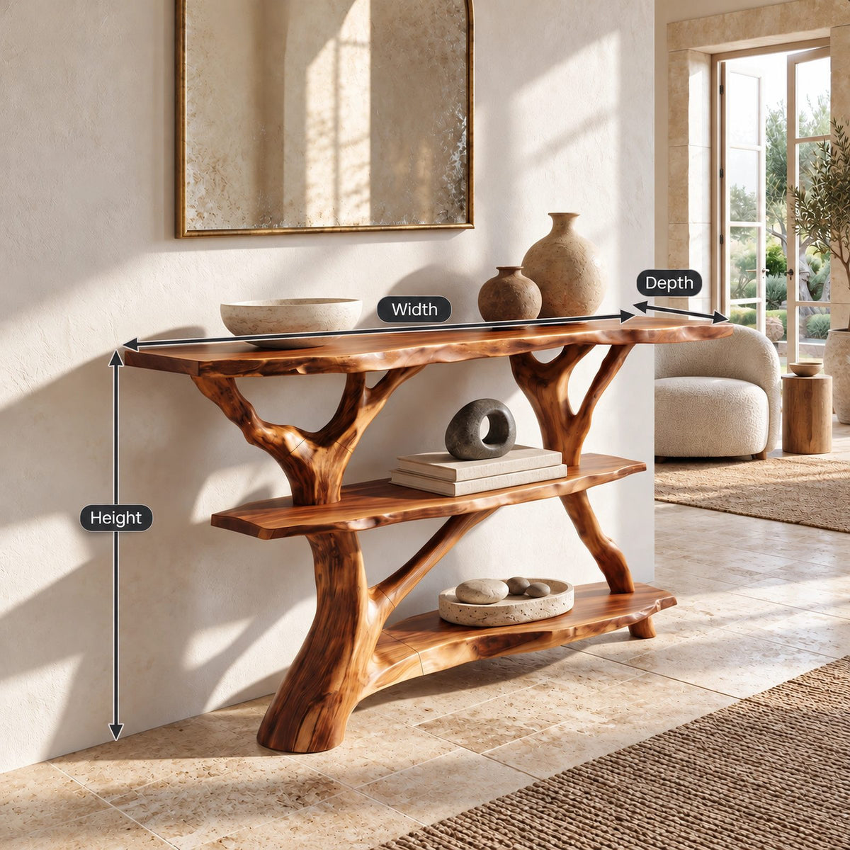 Farmhouse Tree Branch Console Table With Open Shelf For Entryway