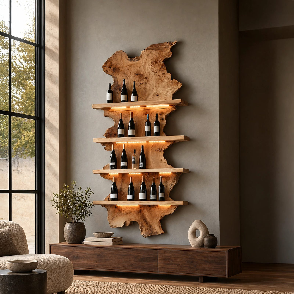 Mid Century Live Edge Wood Wine Rack With Wavy Slab Design For Bar