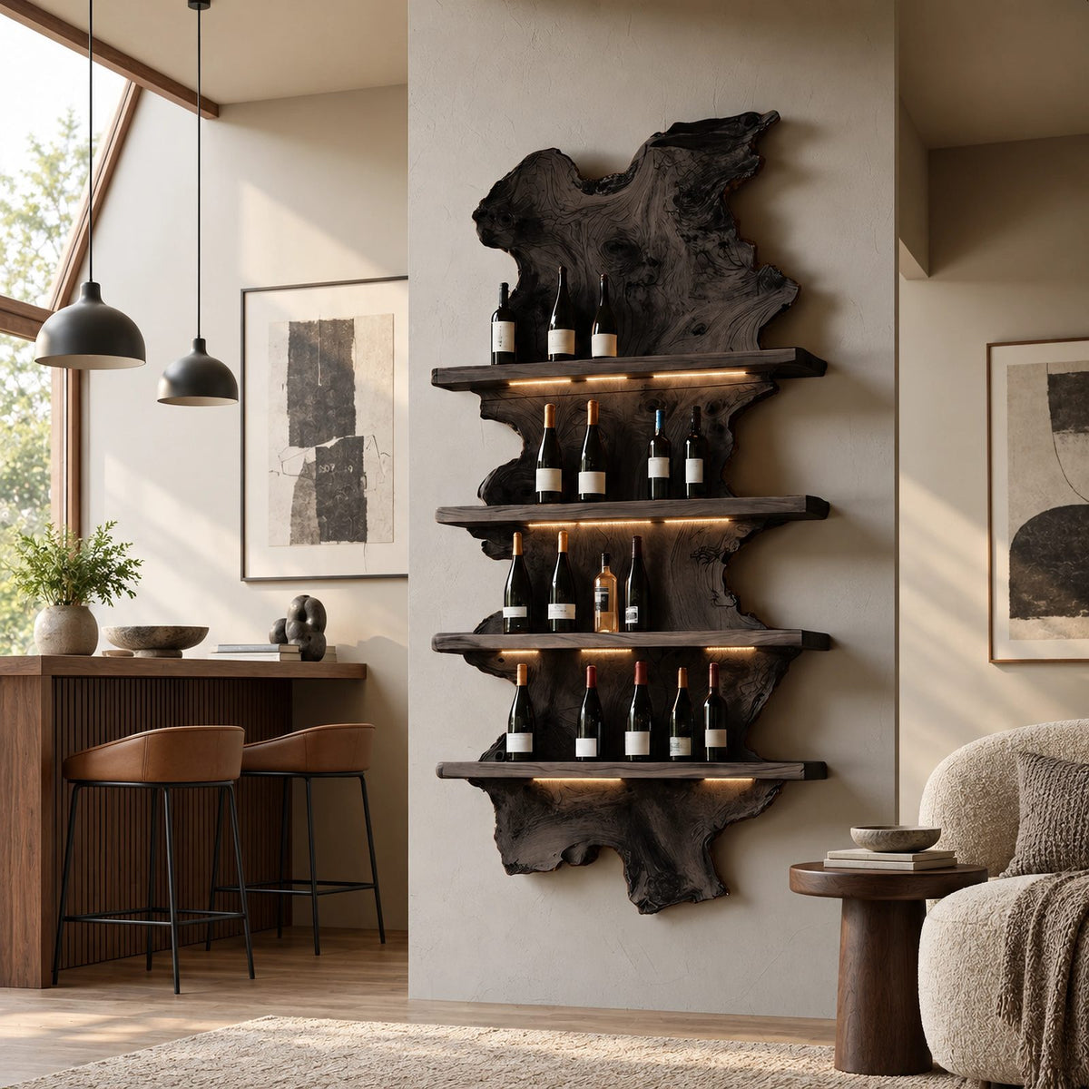 Mid Century Live Edge Wood Wine Rack With Wavy Slab Design For Bar