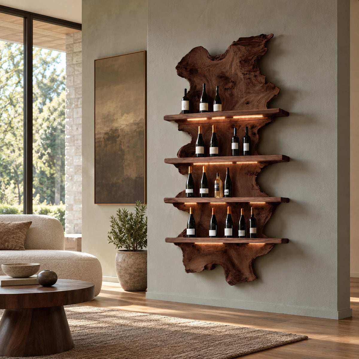 Mid Century Live Edge Wood Wine Rack With Wavy Slab Design For Bar