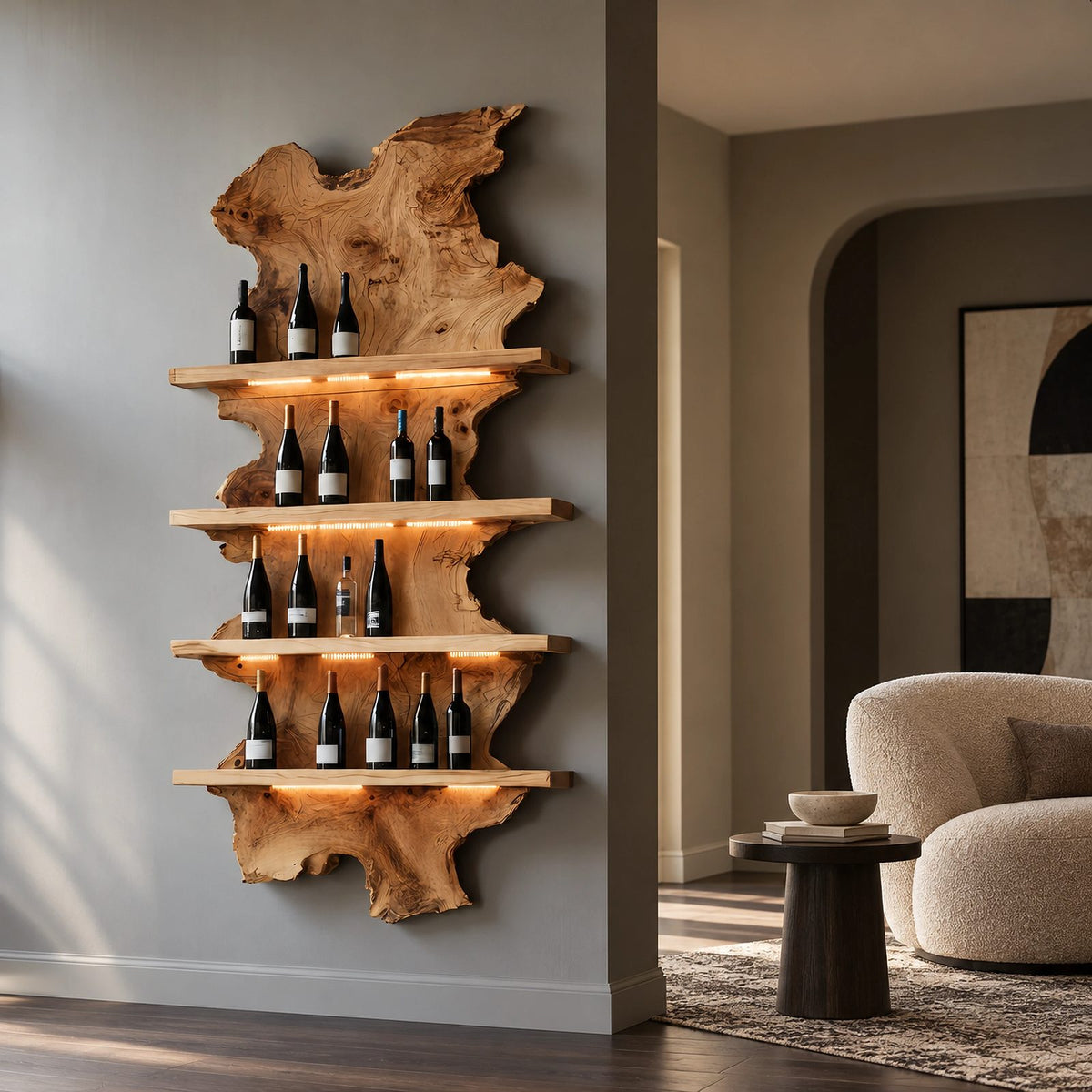 Mid Century Live Edge Wood Wine Rack With Wavy Slab Design For Bar