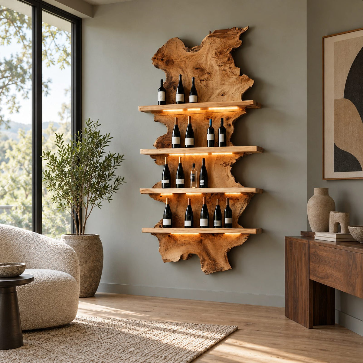 Mid Century Live Edge Wood Wine Rack With Wavy Slab Design For Bar