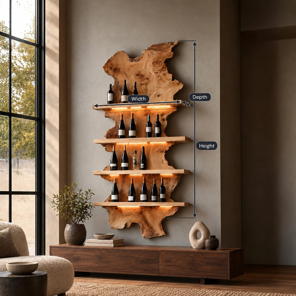 Mid Century Live Edge Wood Wine Rack With Wavy Slab Design For Bar