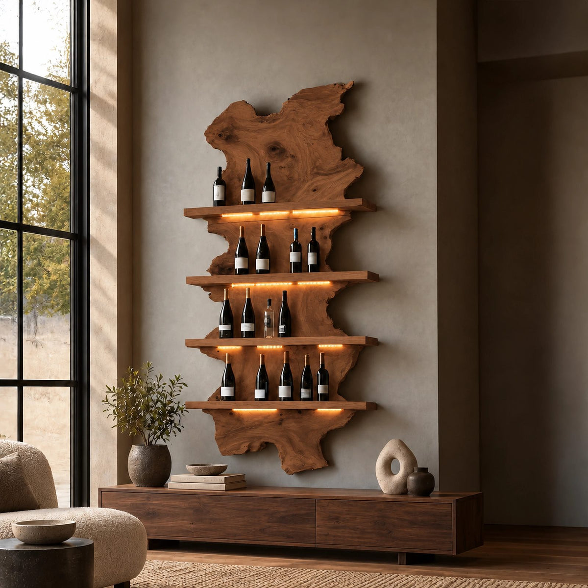 Mid Century Live Edge Wood Wine Rack With Wavy Slab Design For Bar