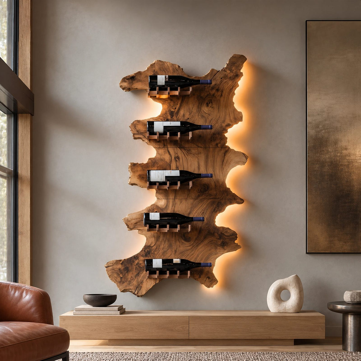 Contemporary Live Edge Wood Wine Rack For Home Bar