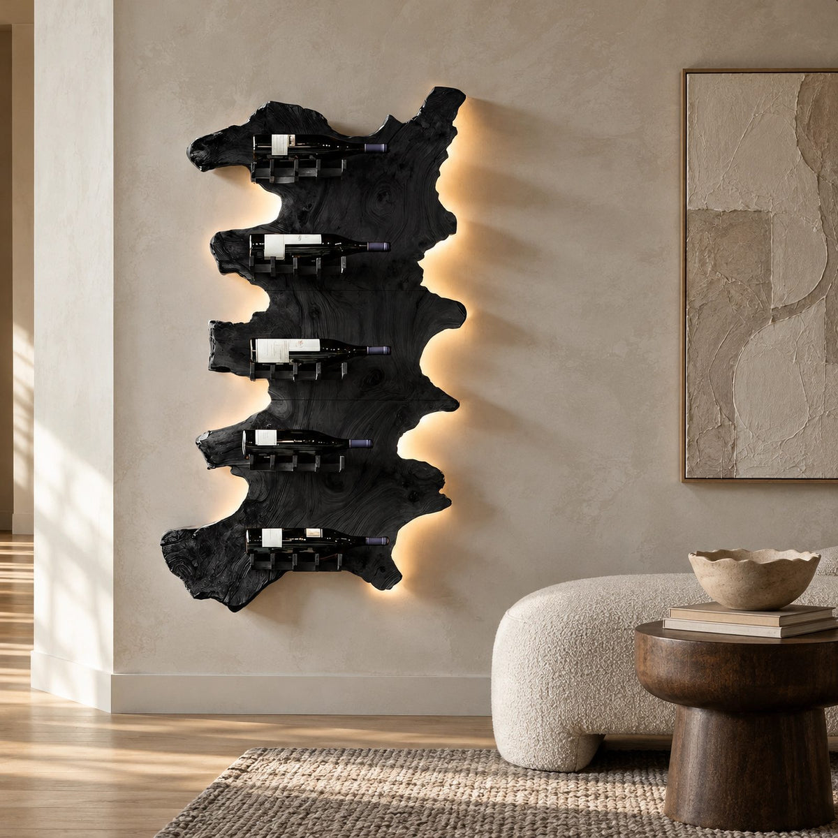 Contemporary Live Edge Wood Wine Rack For Home Bar