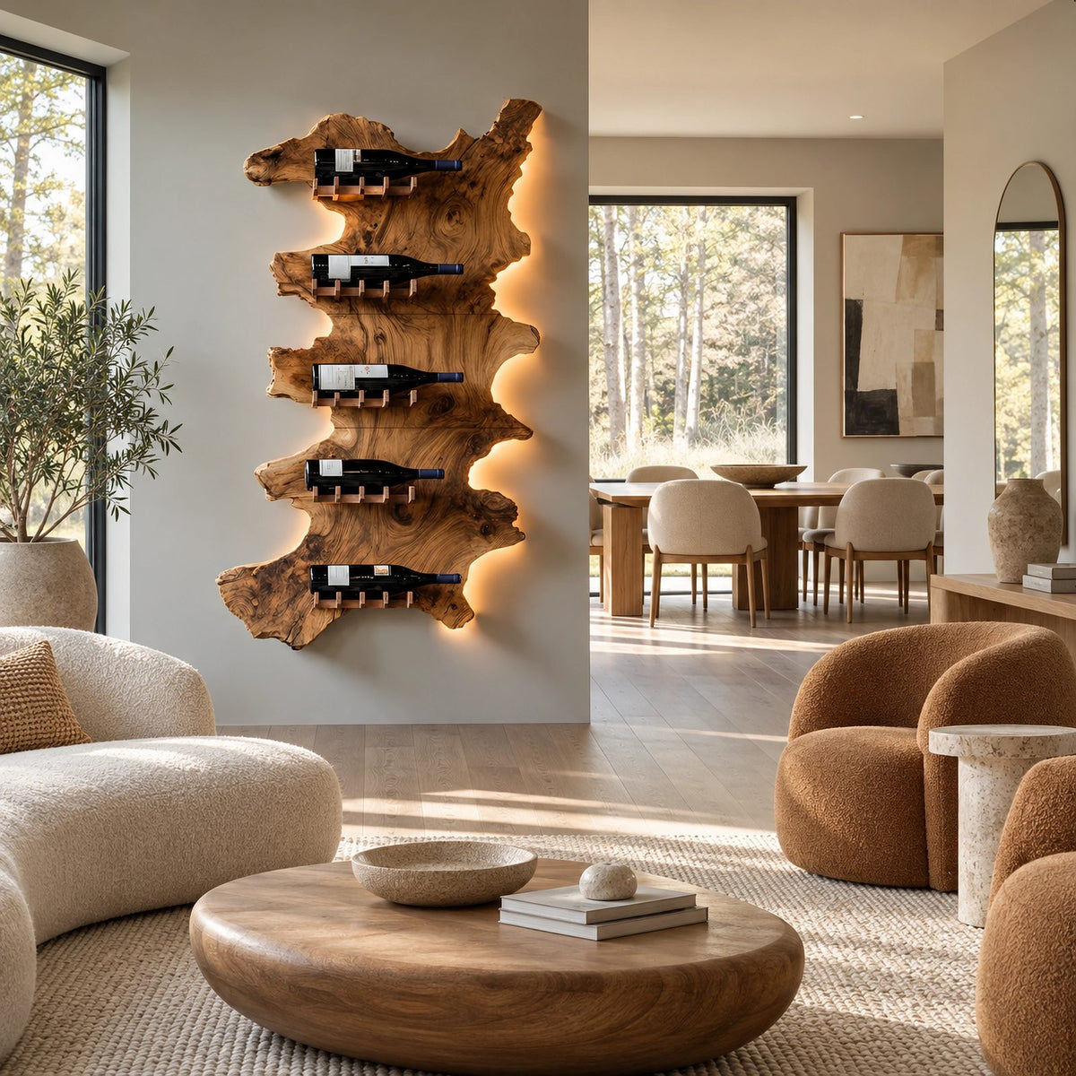 Contemporary Live Edge Wood Wine Rack For Home Bar