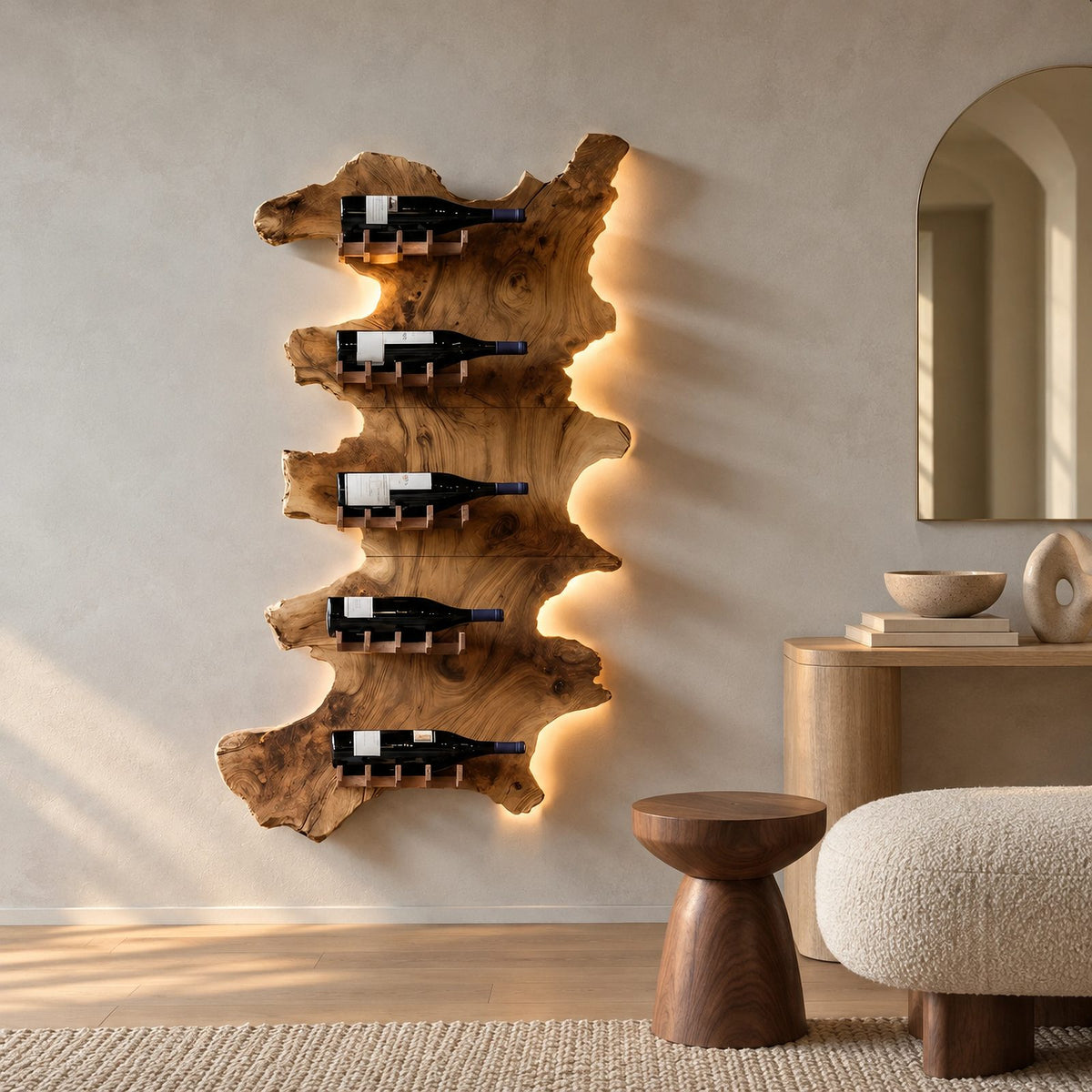 Contemporary Live Edge Wood Wine Rack For Home Bar