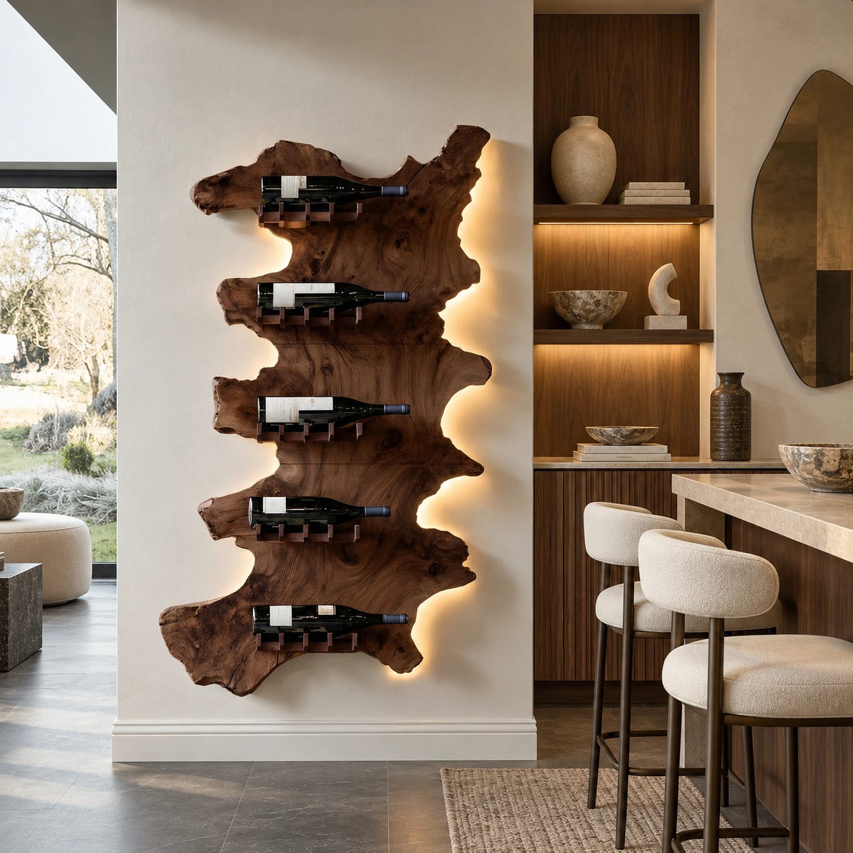 Contemporary Live Edge Wood Wine Rack For Home Bar