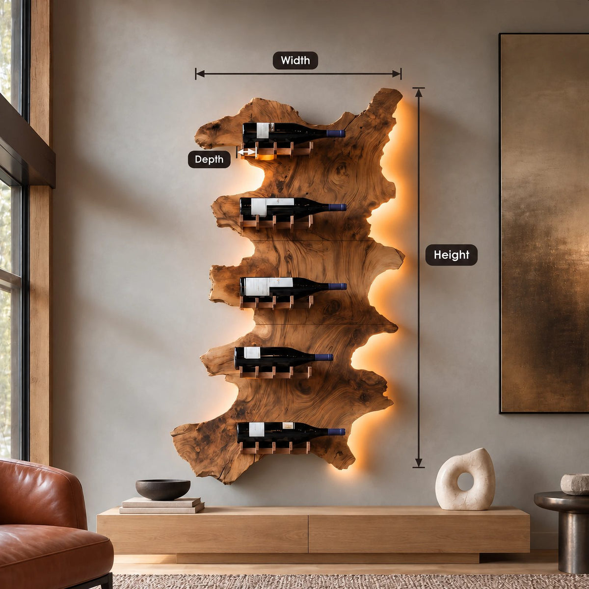 Contemporary Live Edge Wood Wine Rack For Home Bar