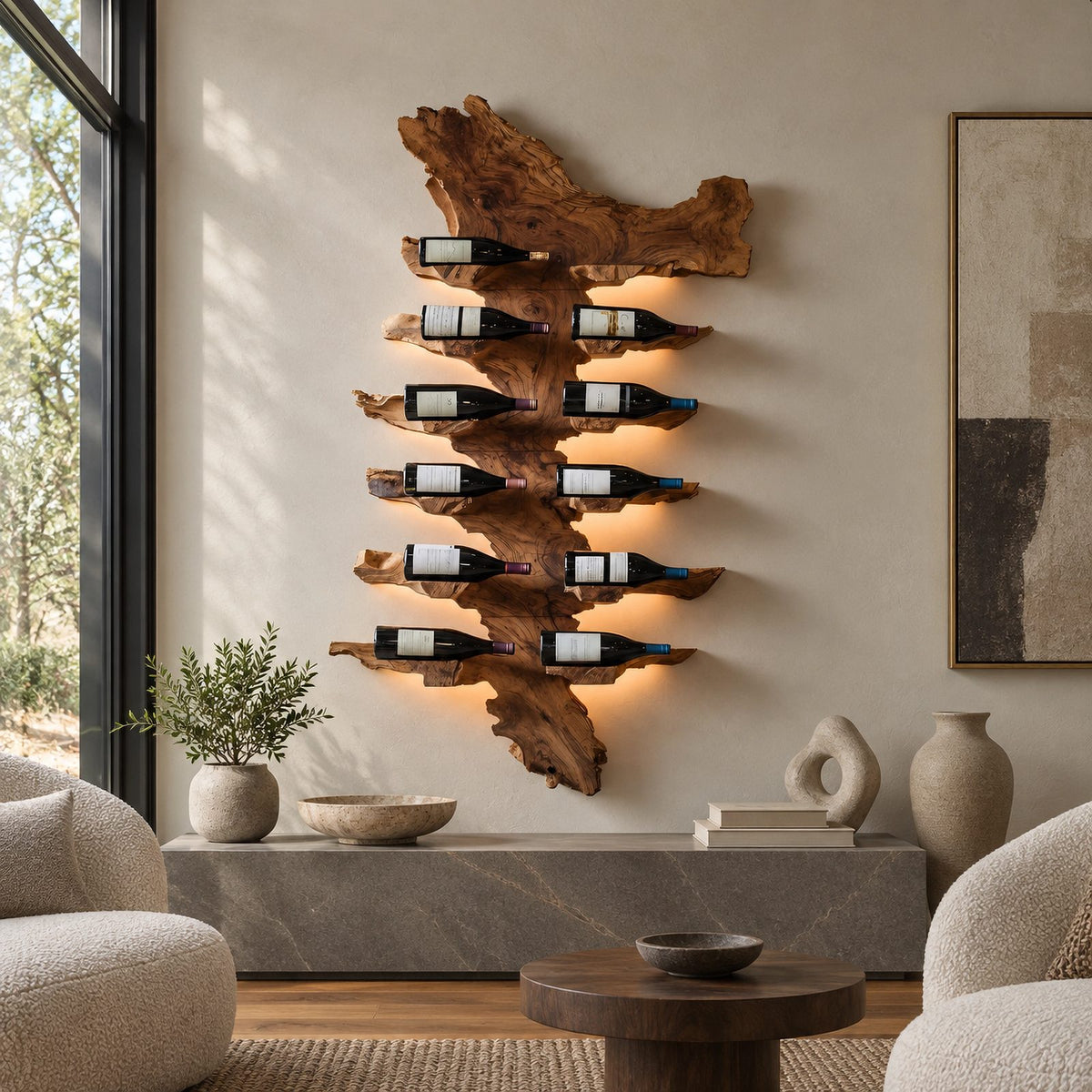Handcrafted Live Edge Wood Wine Rack With Natural Edge Design For Home Bar