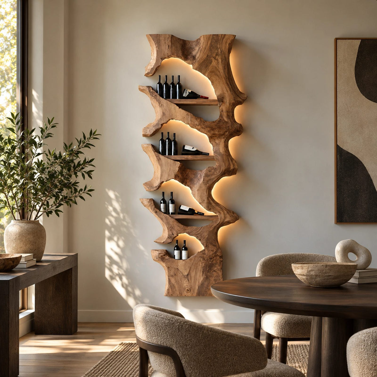 Mid Century Solid Wood Wine Rack With Stepped Pockets For Home Bar